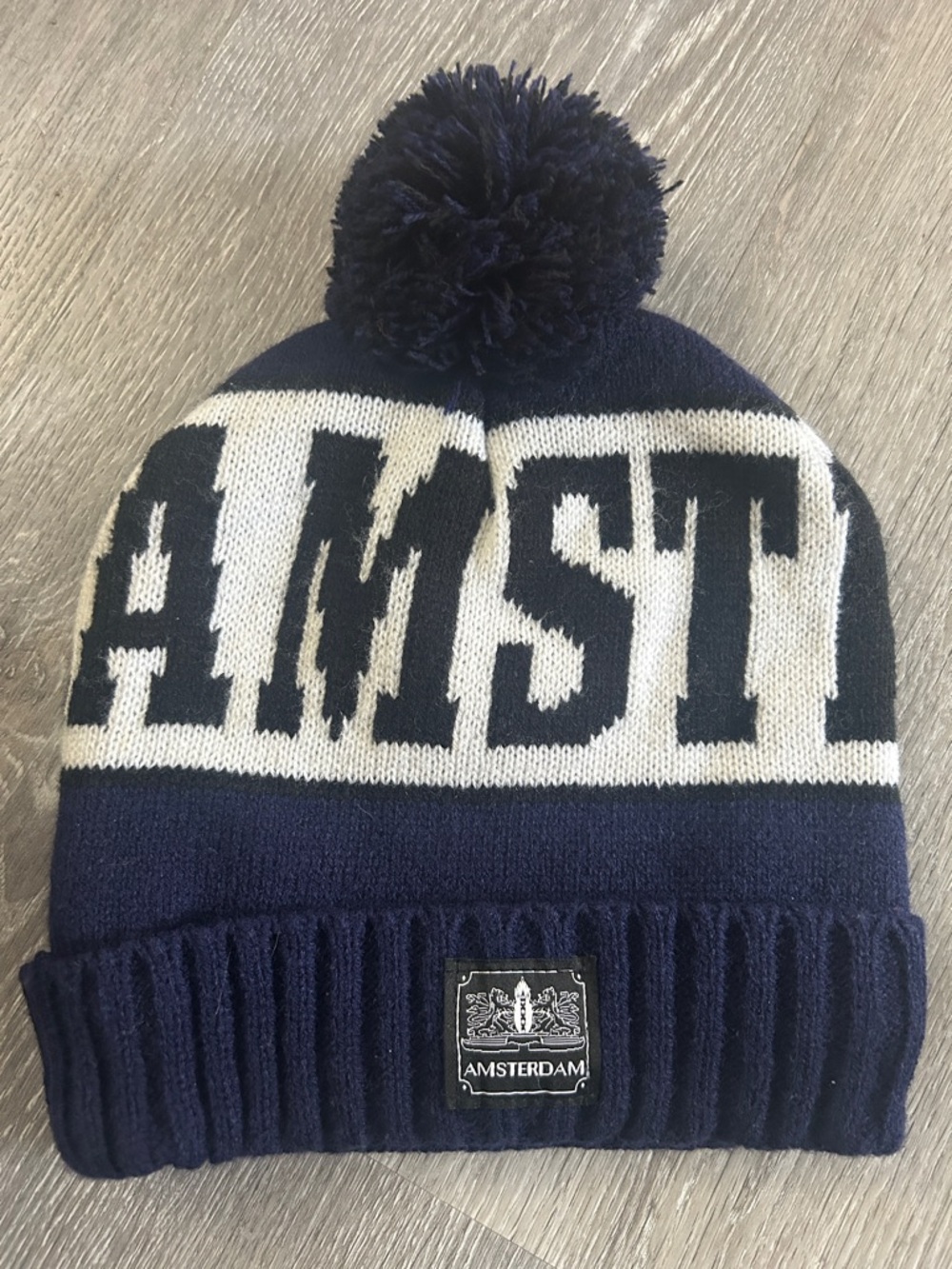 Amsterdam Beanie Stretchy Hat with Pom Pom, Navy Blue & White One Size
